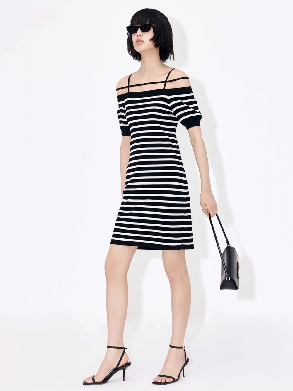 Mo&Co. Striped Off-Shoulder Black & White Knit Dress